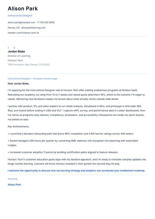 Instructional Designer Cover Letter Example