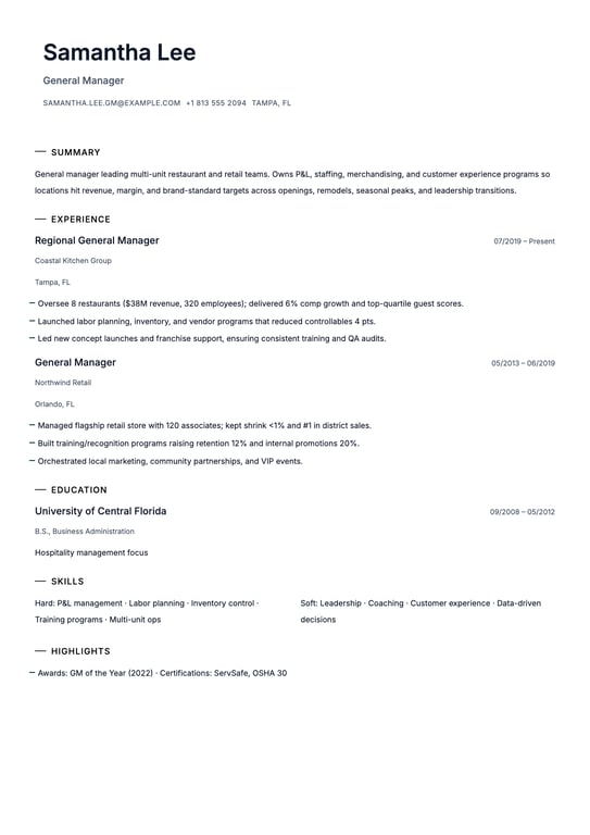 General Manager Resume Example