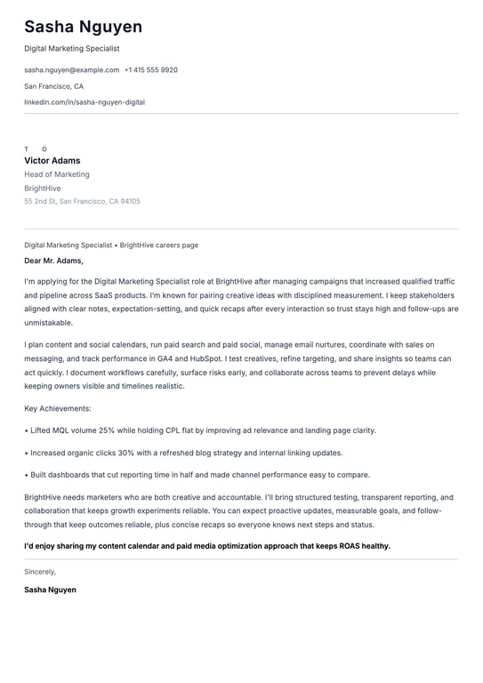 Digital Marketing Cover Letter Example