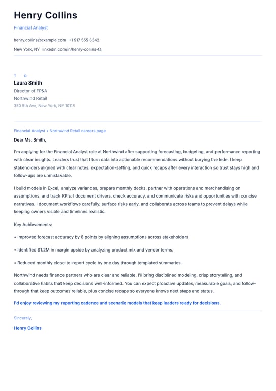 Financial Analyst Cover Letter Example