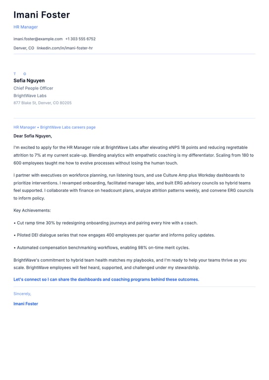 HR Manager Cover Letter Example