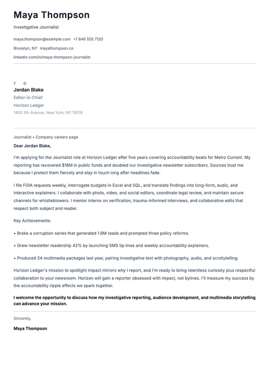 Journalist Cover Letter Example