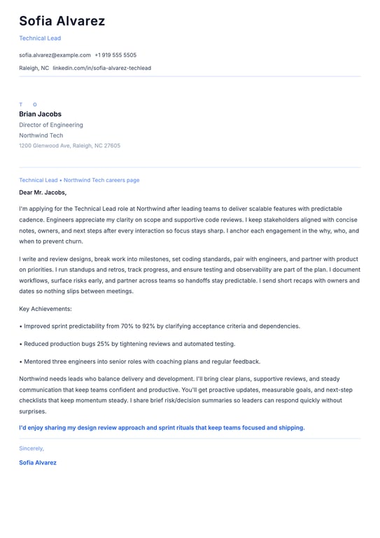 Technical Lead Cover Letter Example
