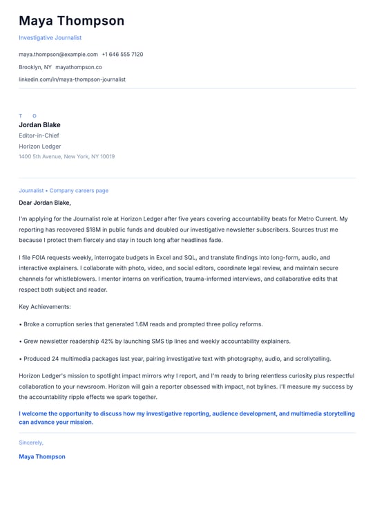 Journalist Cover Letter Example
