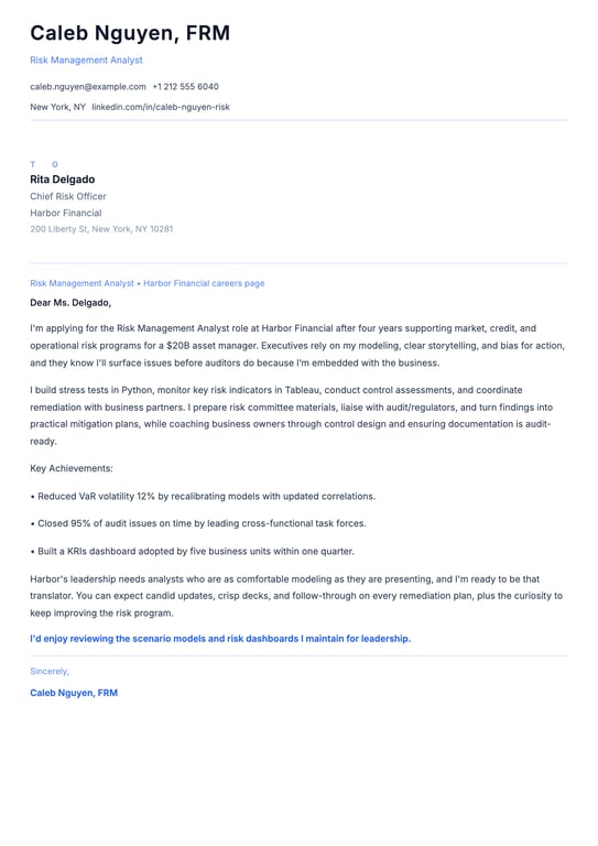 Risk Management Analyst Cover Letter Example