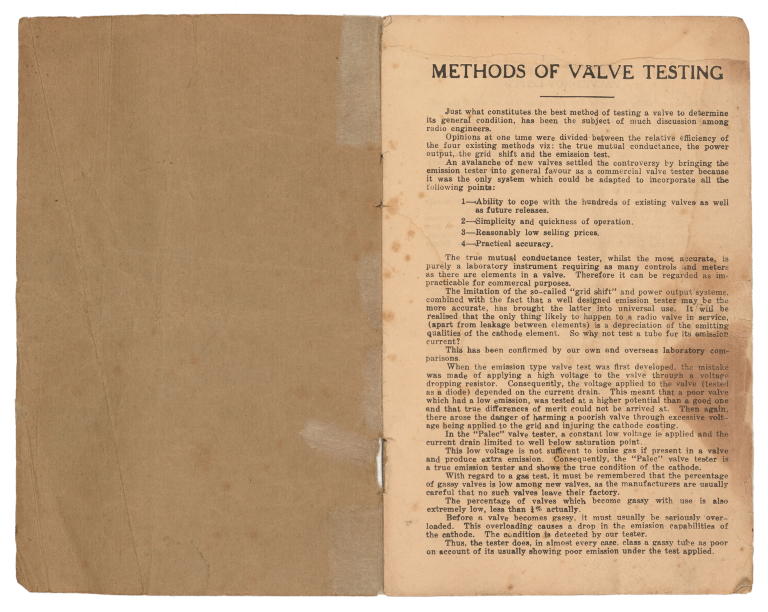Instruction booklet for valve and circuit tester