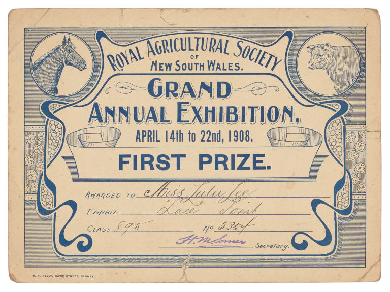 First prize certificate awarded by Royal Agricultural Society of NSW
