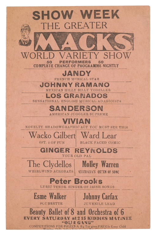 Handbill advertising 'The Greater Macks World Variety Show'