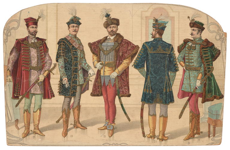 Coloured fashion drawing of mens uniforms