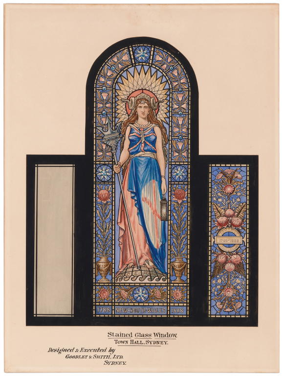 Watercolour painting of stained glass window in Town Hall, Sydney, designed by Lucien Henry and made by Goodlet & Smith Ltd.