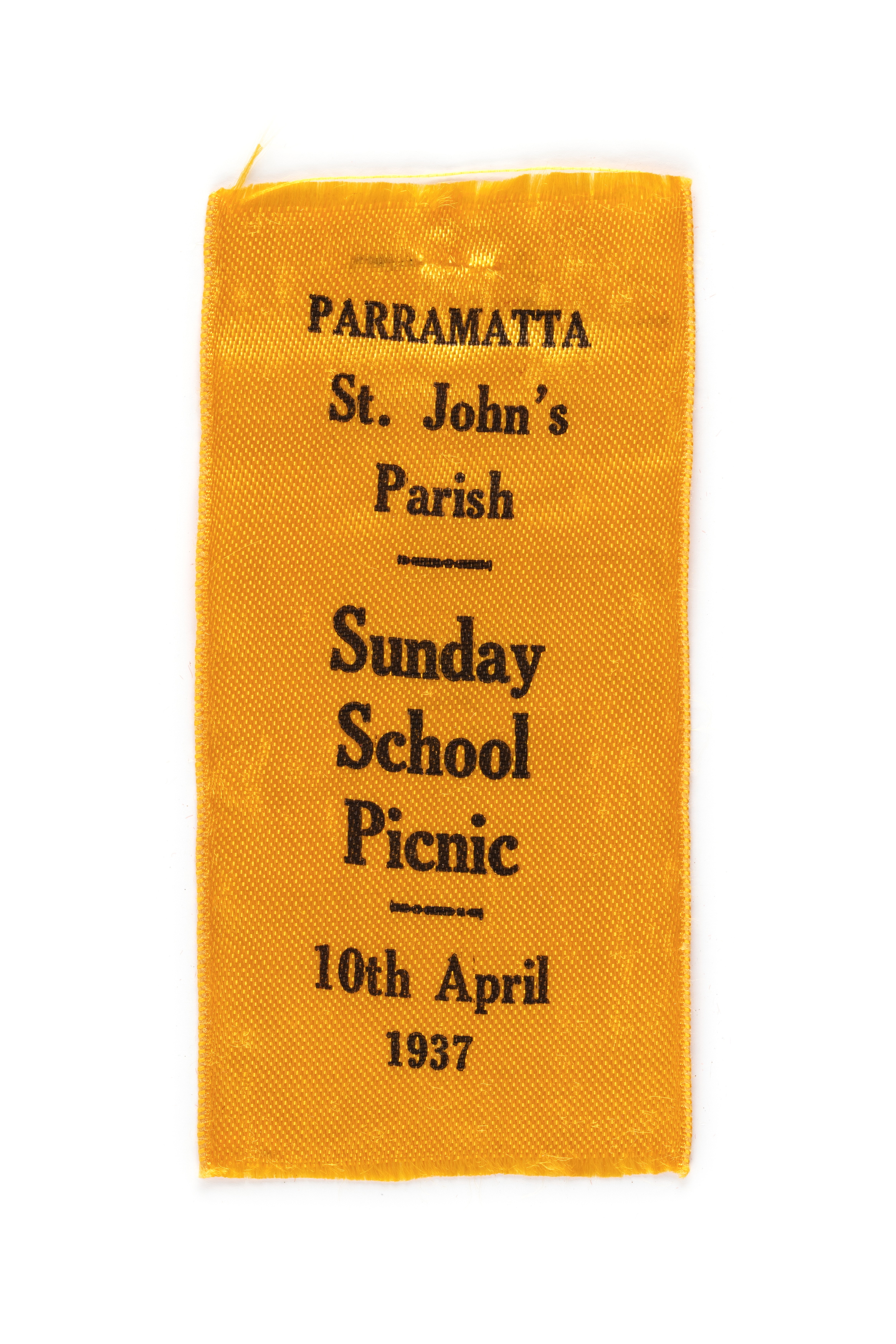 Ribbon commemorating St Johns Parish Sunday School Picnic