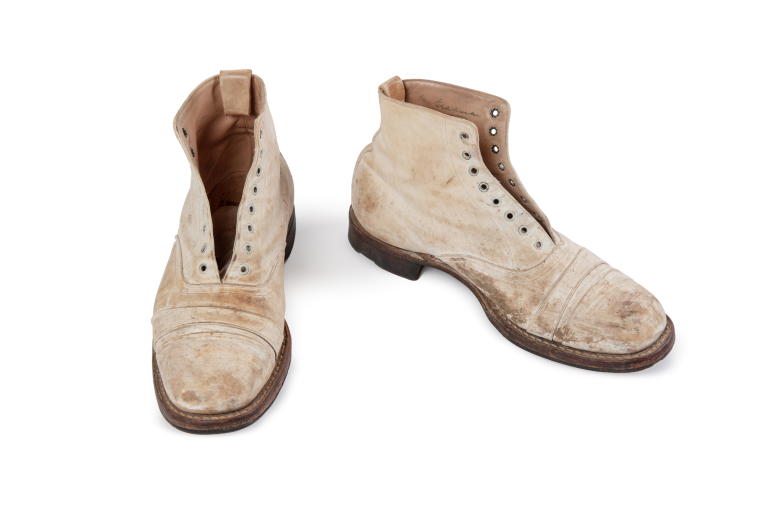 Pair of cricket boots signed by Donald Bradman worn by Les Murrays father