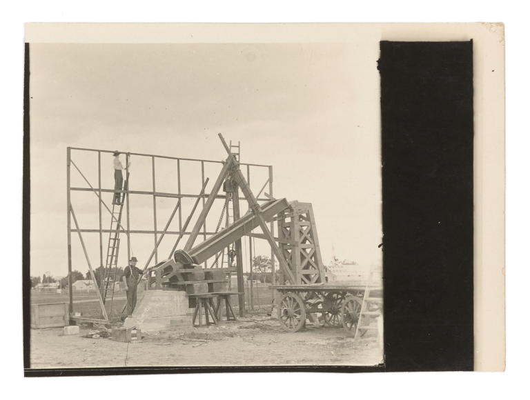Photograph of building frame and astrograph telescope at Goondiwindi