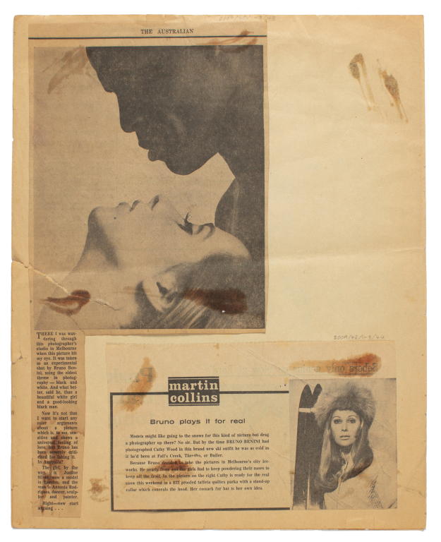 Newspaper tear sheet featuring photograph of model Cathy Wood by Bruno Benini