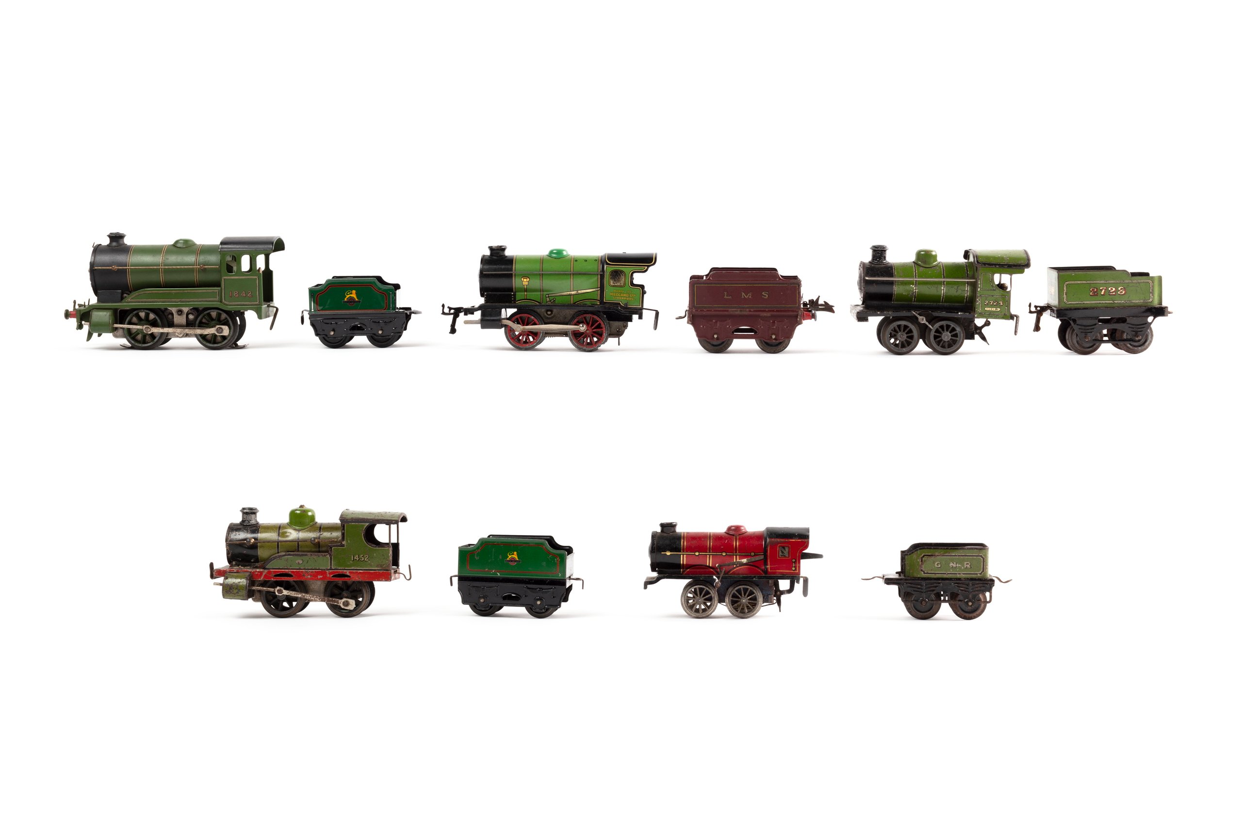 Tinplate toy locomotives and tenders by Hornby