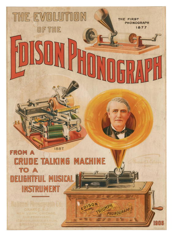 Lithograph poster showing the evolution of Edison phonographs