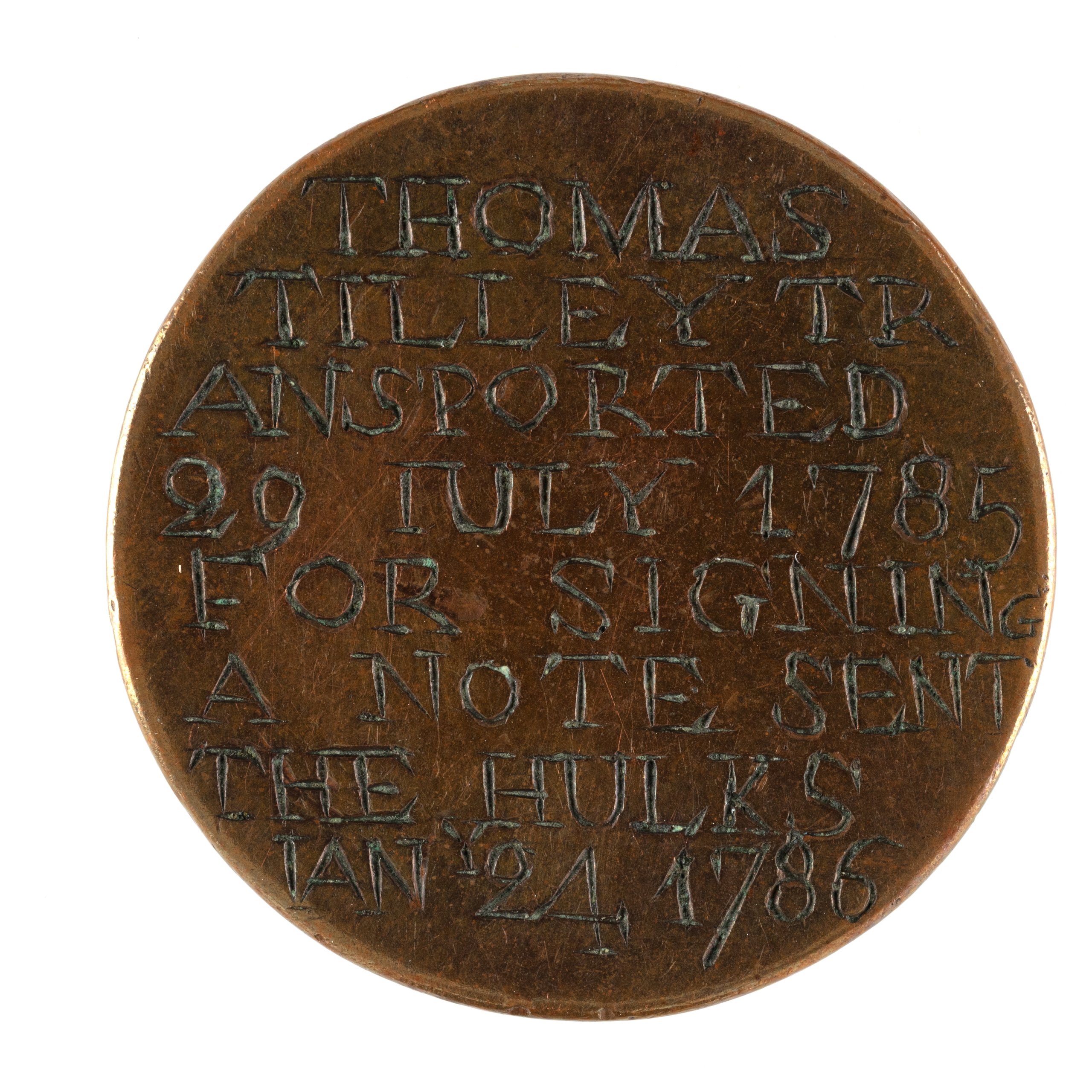 Convict love token engraved by Thomas Tilley