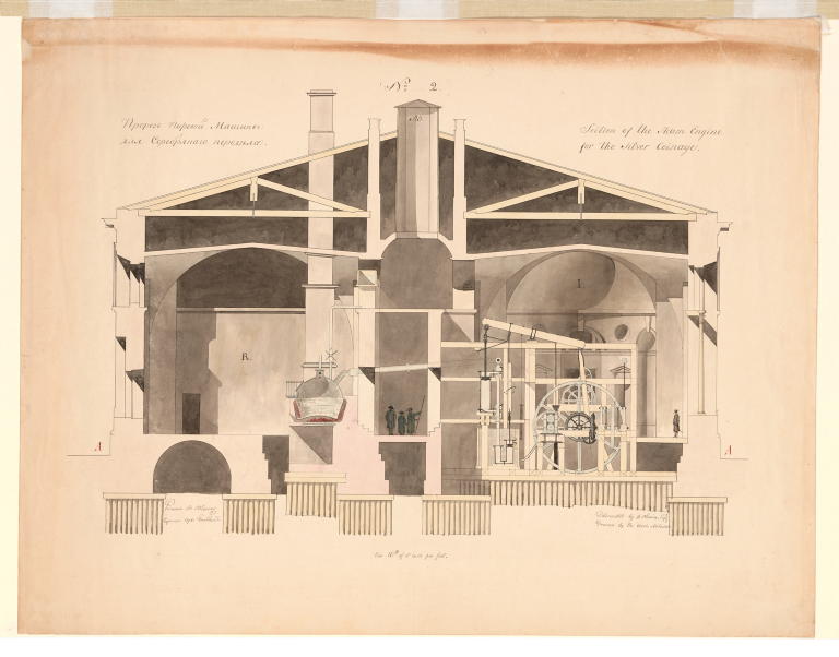 Drawing of St Petersburg Mint showing Boulton & Watt engine