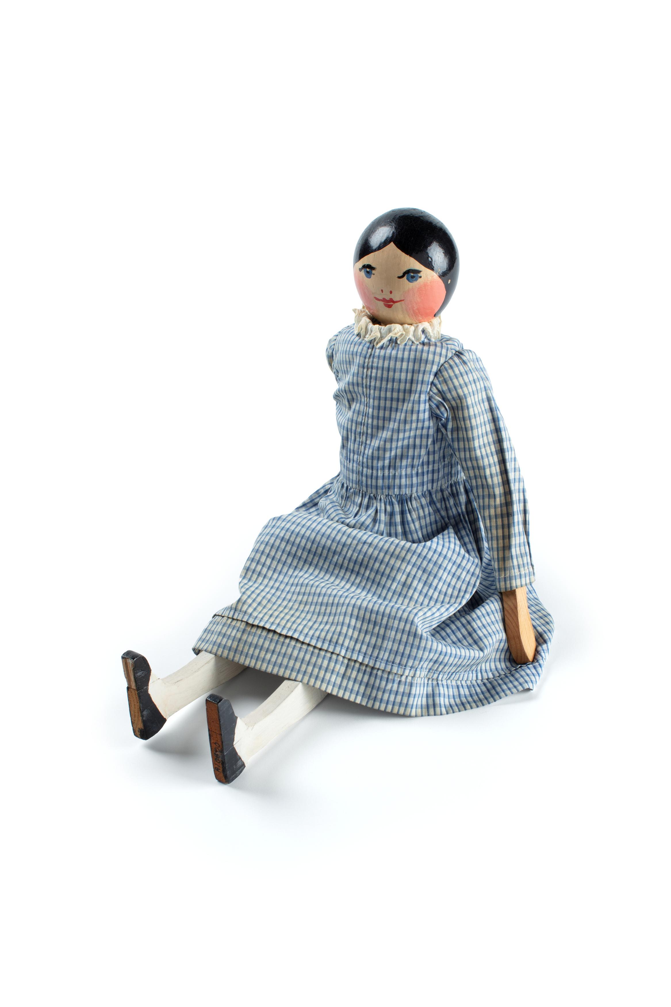 Powerhouse Collection - Wooden peg doll in blue gingham dress