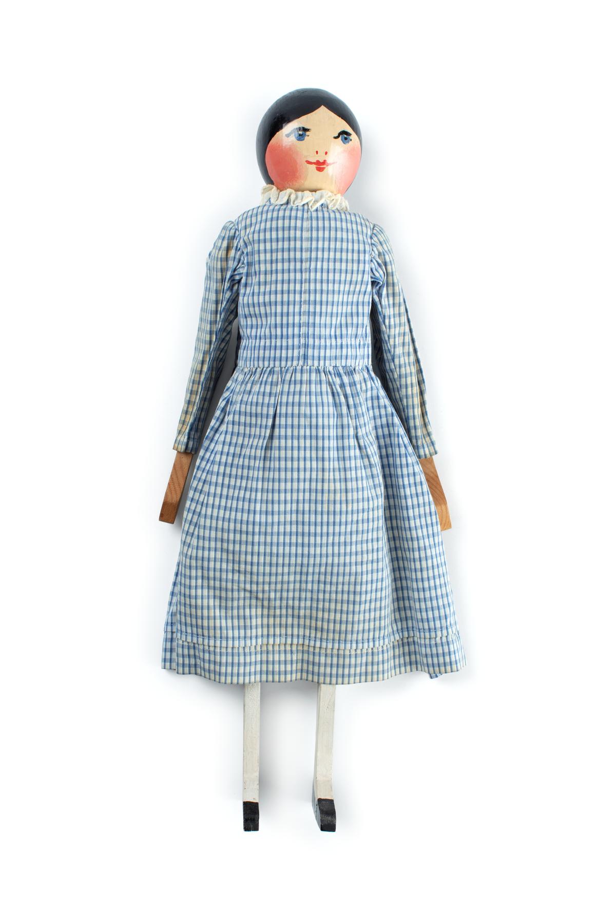 Powerhouse Collection - Wooden peg doll in blue gingham dress
