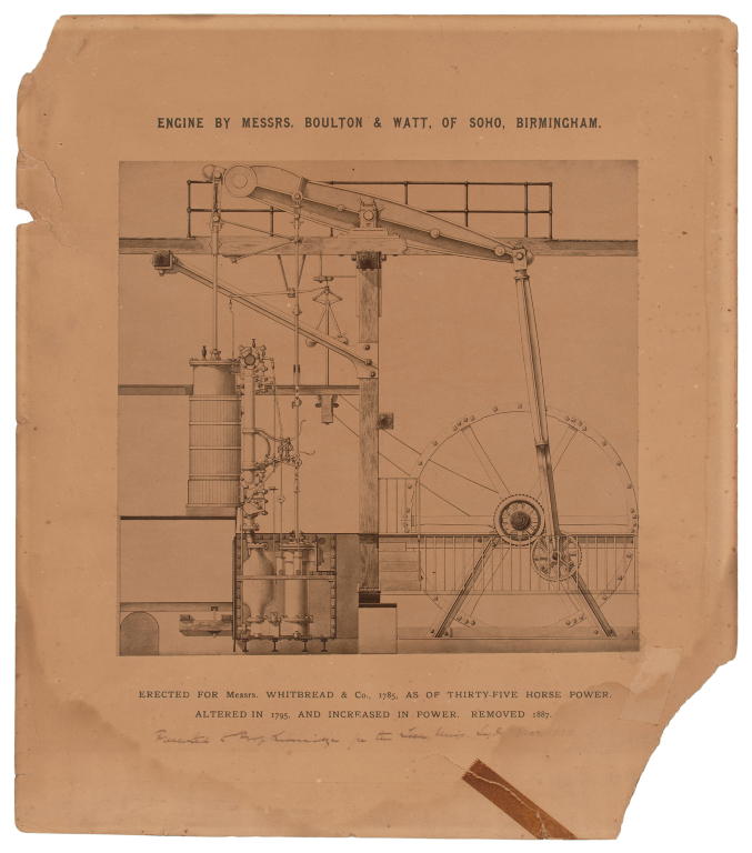 Photograph of a drawing of a 1785 Boulton and Watt beam engine