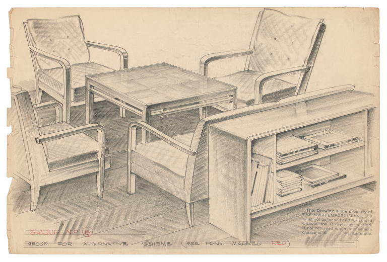 Drawing of four easy chairs and coffee table by Fred Ward