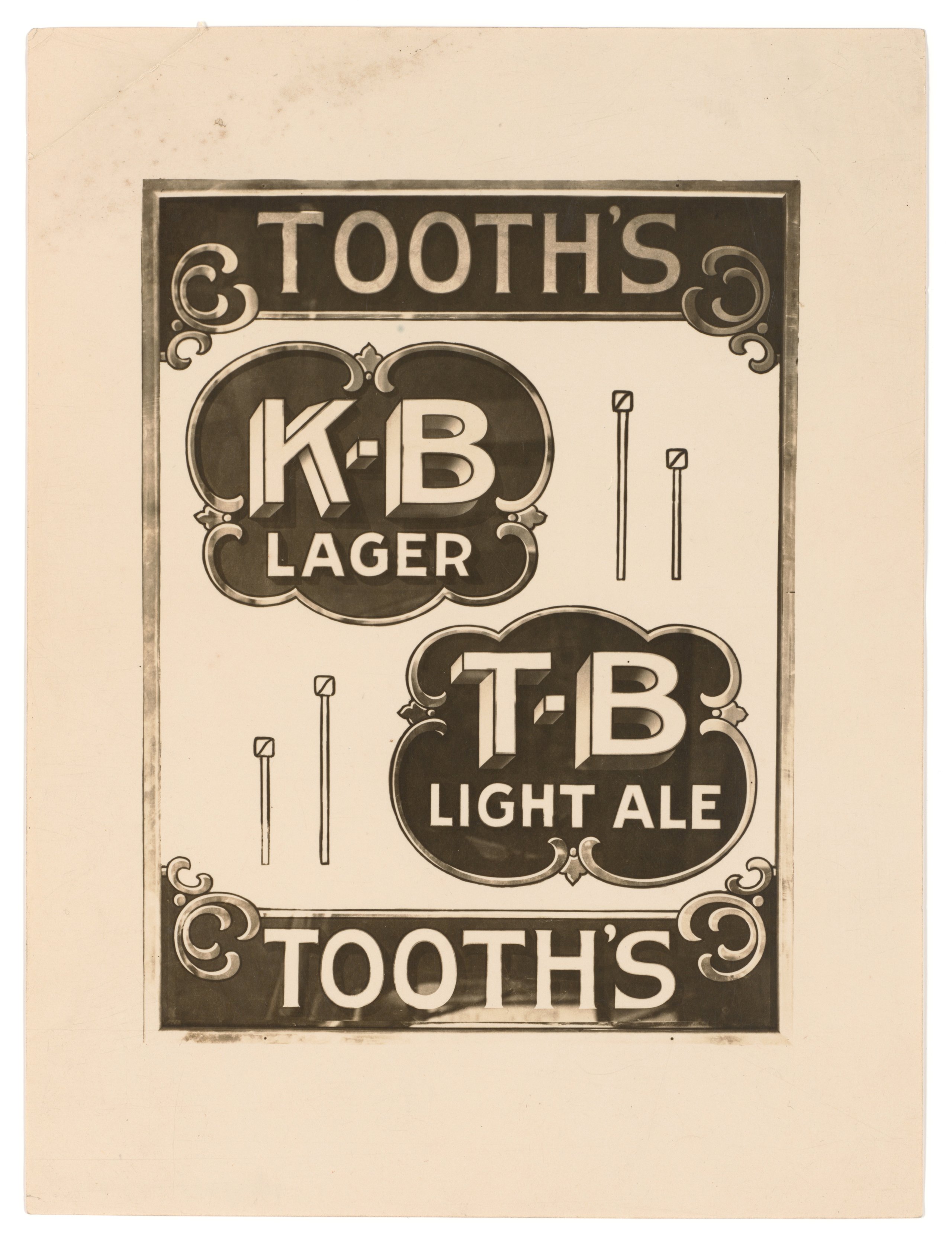 Photograph of glass pub sign advertising Tooth's K B Lager and T B Light Ale