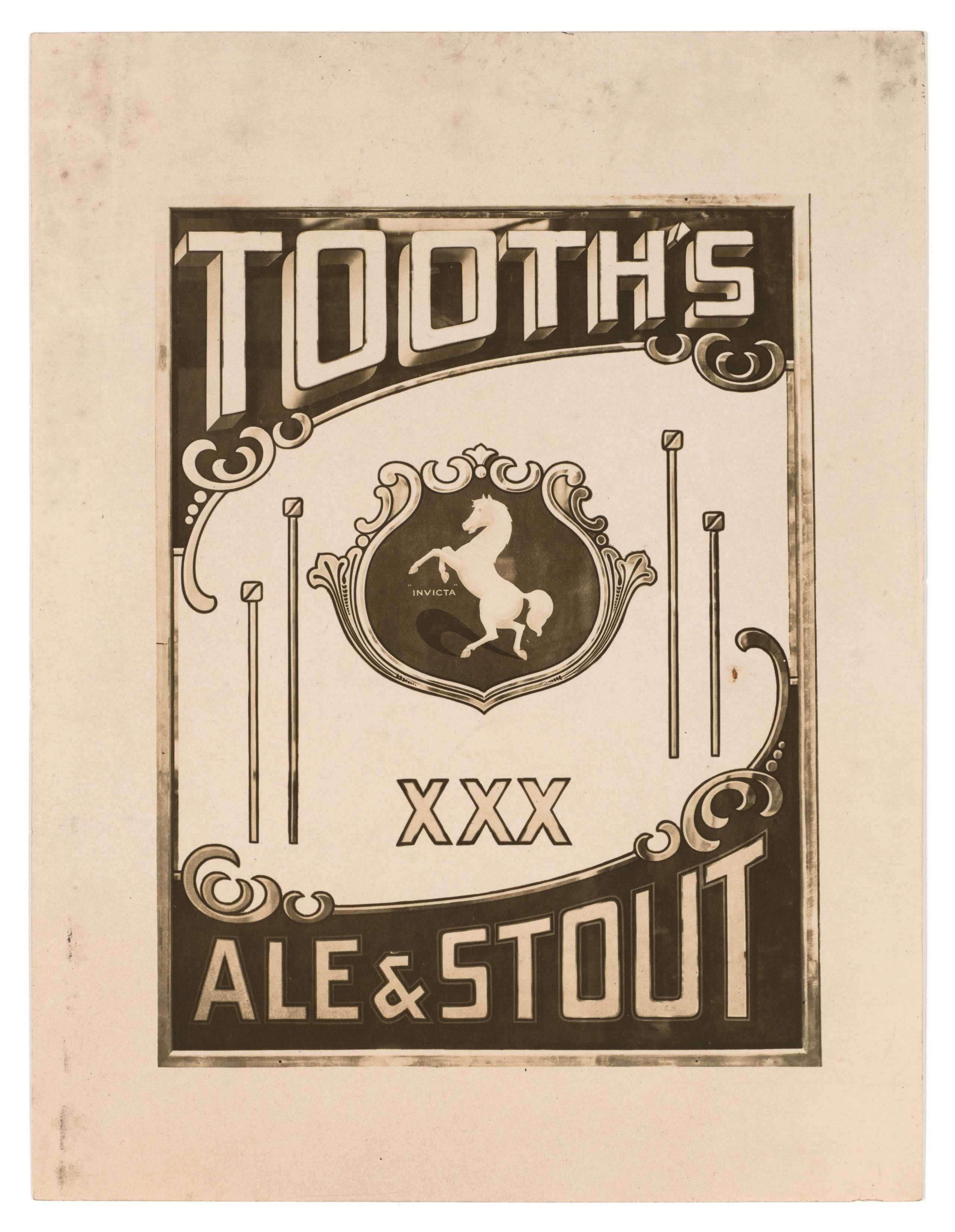 Photograph of glass pub sign advertising Tooth's Ale and Stout