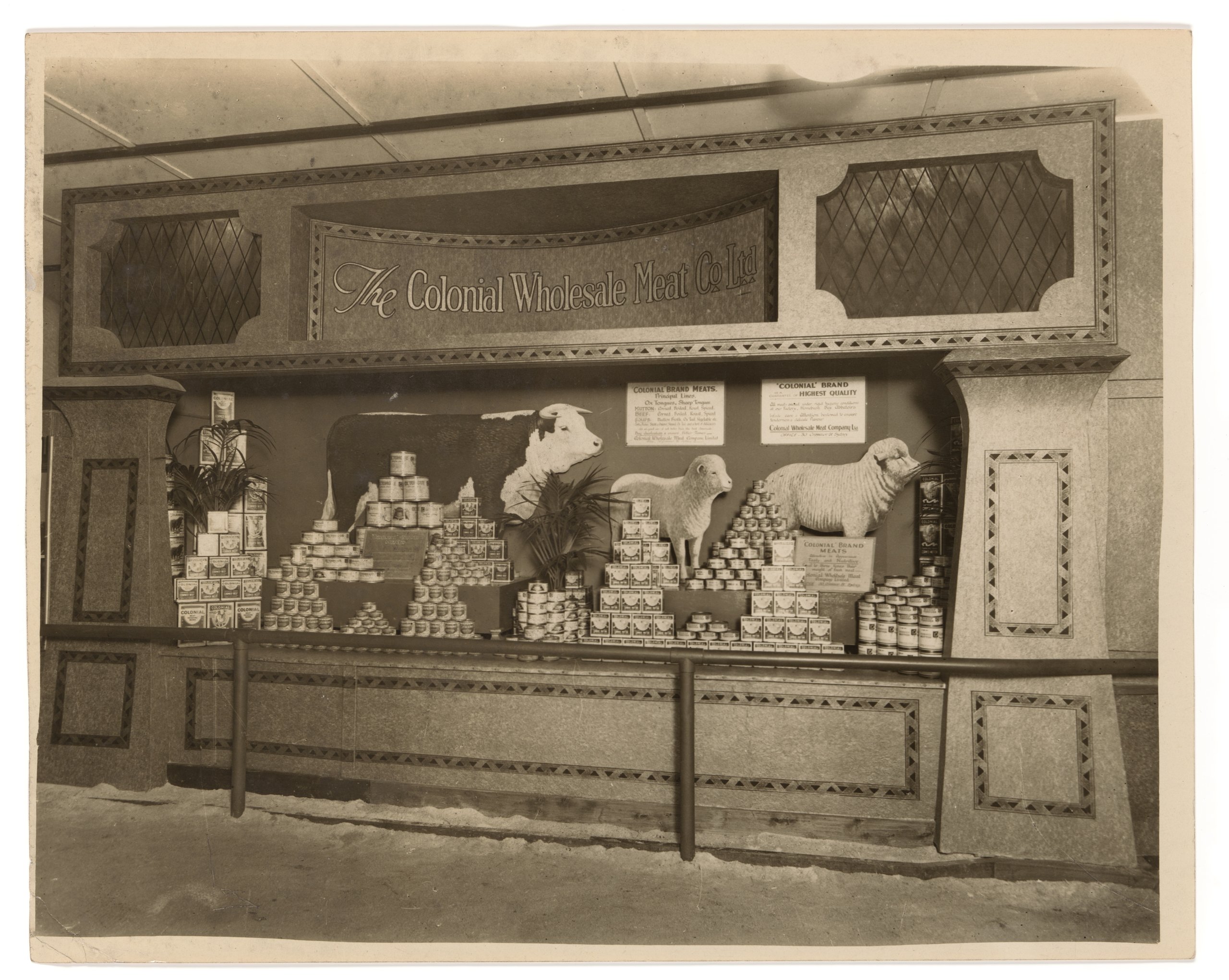 Photograph of promotional exhibit for The Colonial Wholesale Meat Co Ltd at Sydney Royal Easter Show