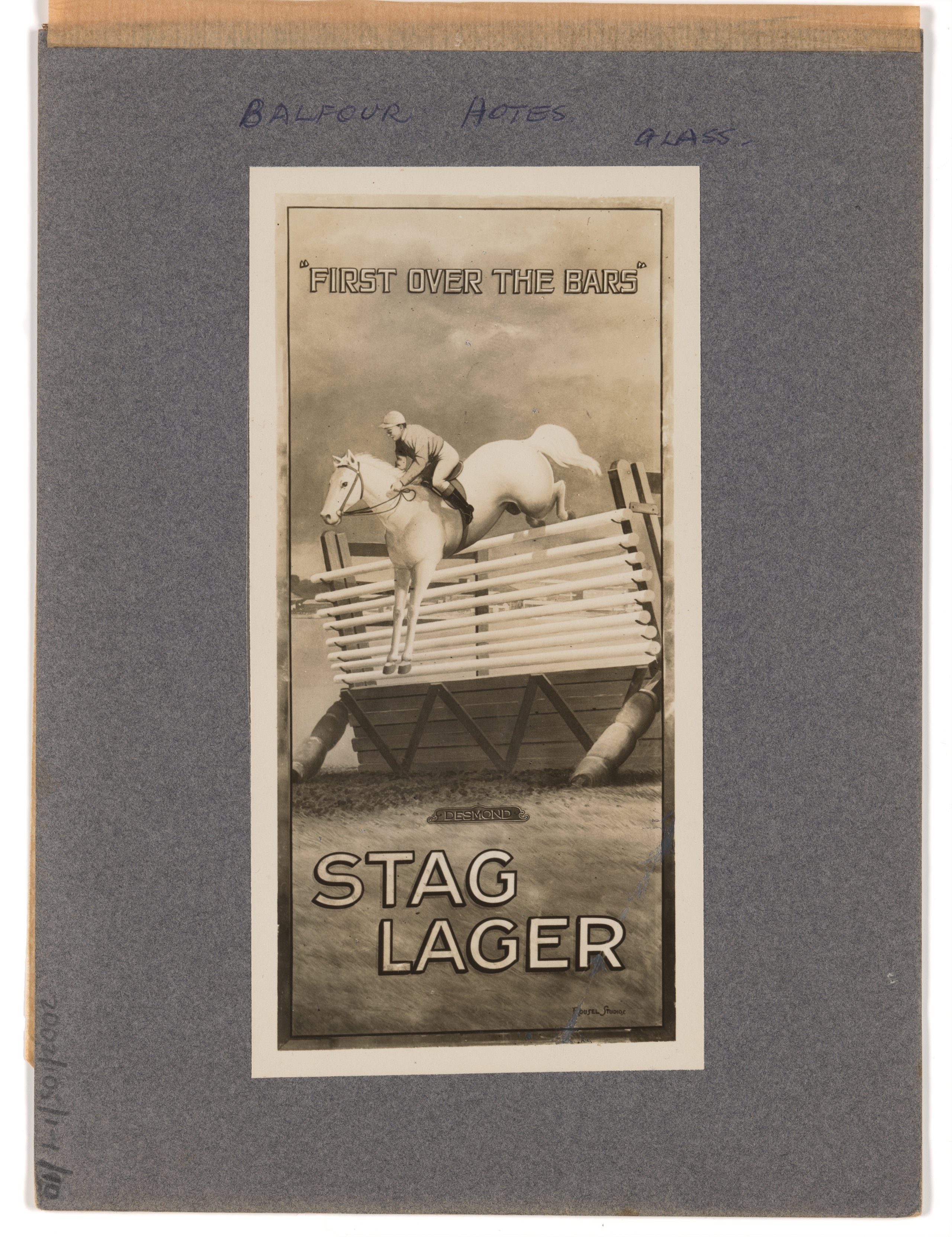 Photograph of glass pub sign for the Balfour Hotel advertising Toohey's Stag Lager