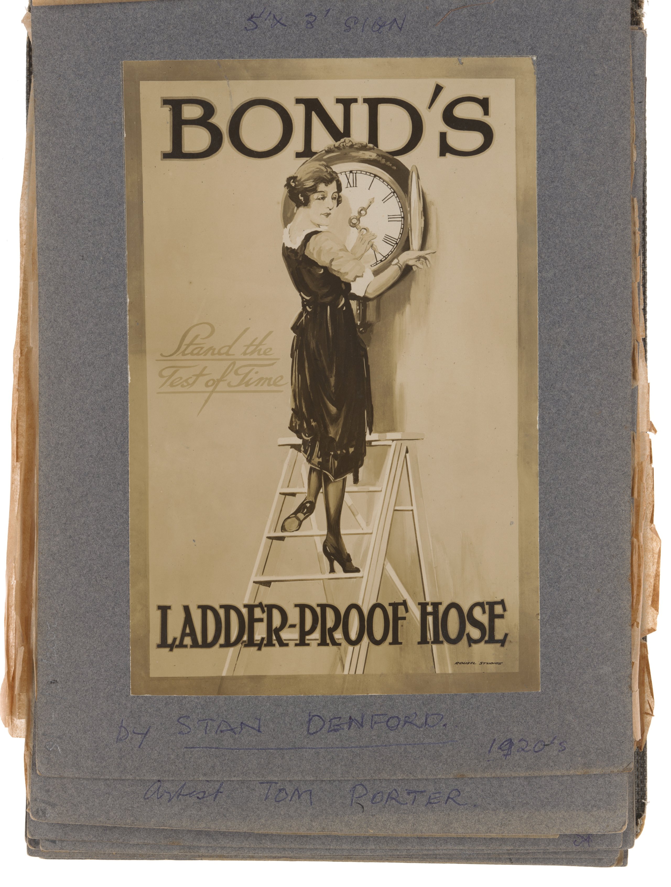 Photograph of advertisement for Bond's Ladder-proof hose designed by Rousel Studios