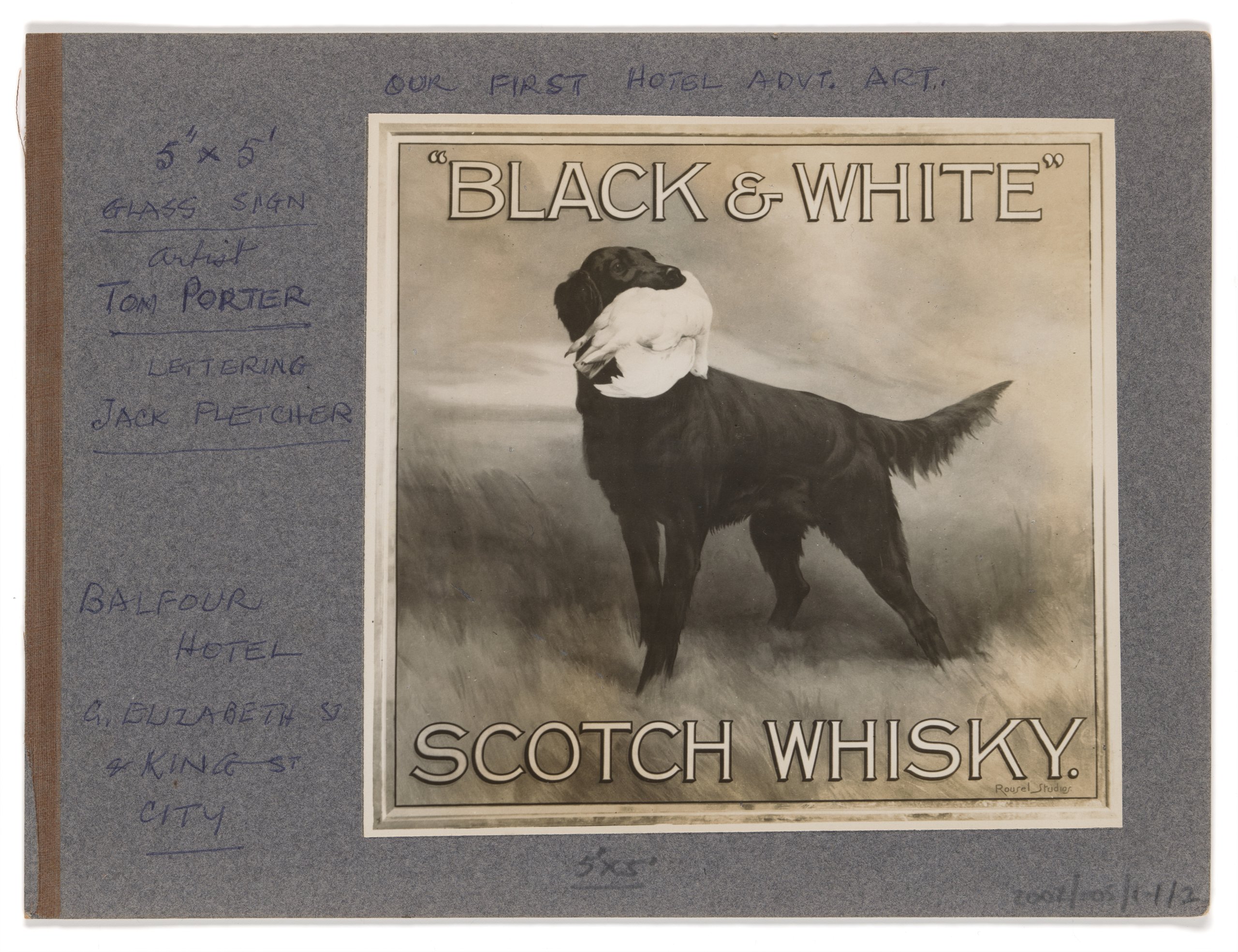 Photograph of glass pub sign for the Balfour Hotel advertising Black & White Scotch Whiskey