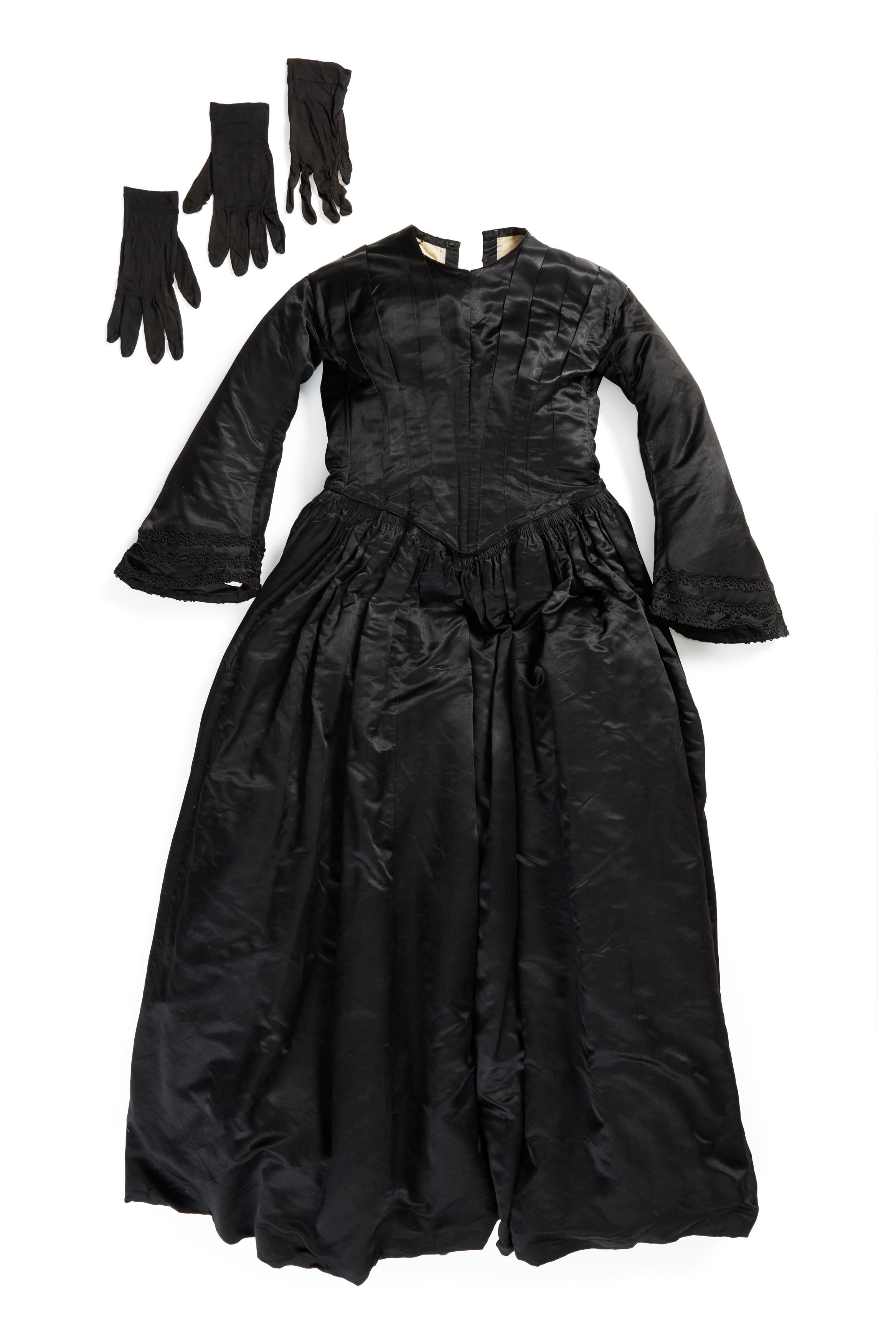 Powerhouse Collection - Mourning dress with gloves worn by Amelia Hackney,  c. 1857