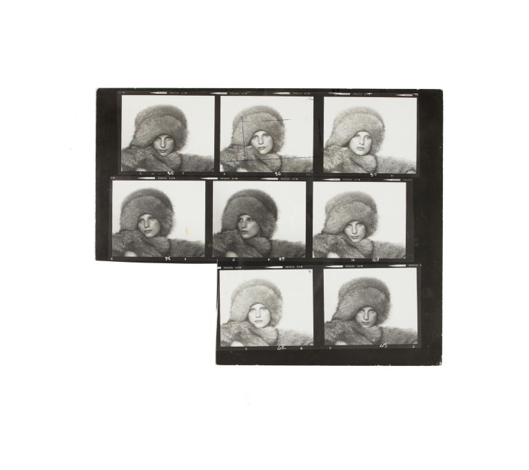 Photographic contact sheet of model wearing fur hat and coat designed by Lisal Furs by Buno Benini
