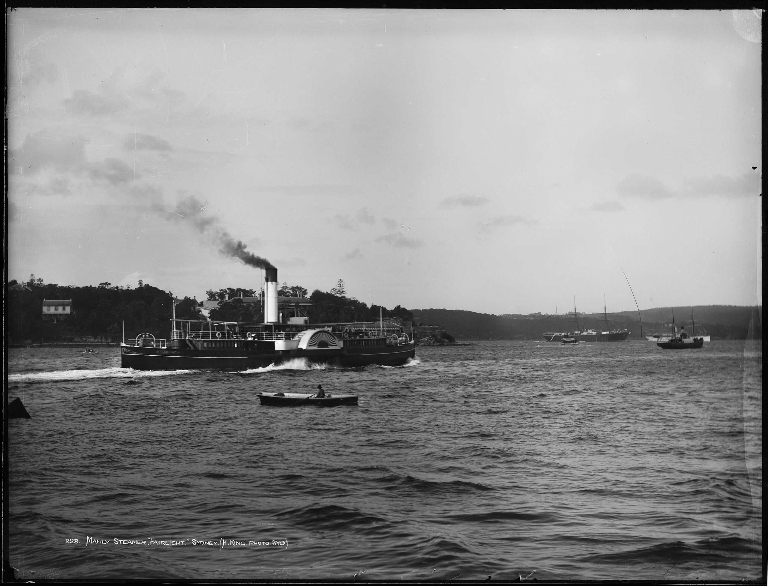 Glass plate negative of Manly ferry paddle steamer 'Fairlight' on Sydney Harbour heading to Manly, c.1885