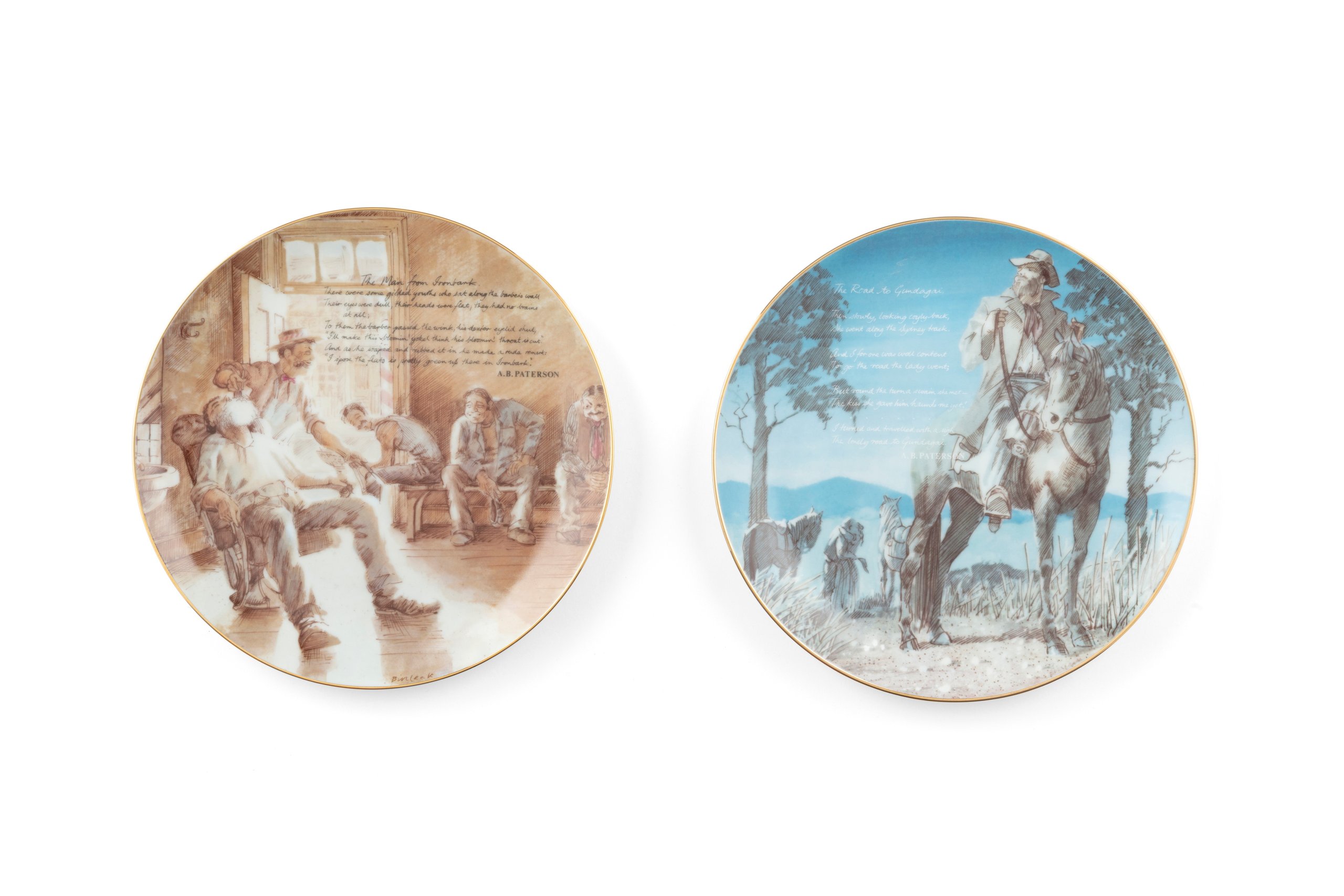 Set of six plates with Banjo Paterson designs