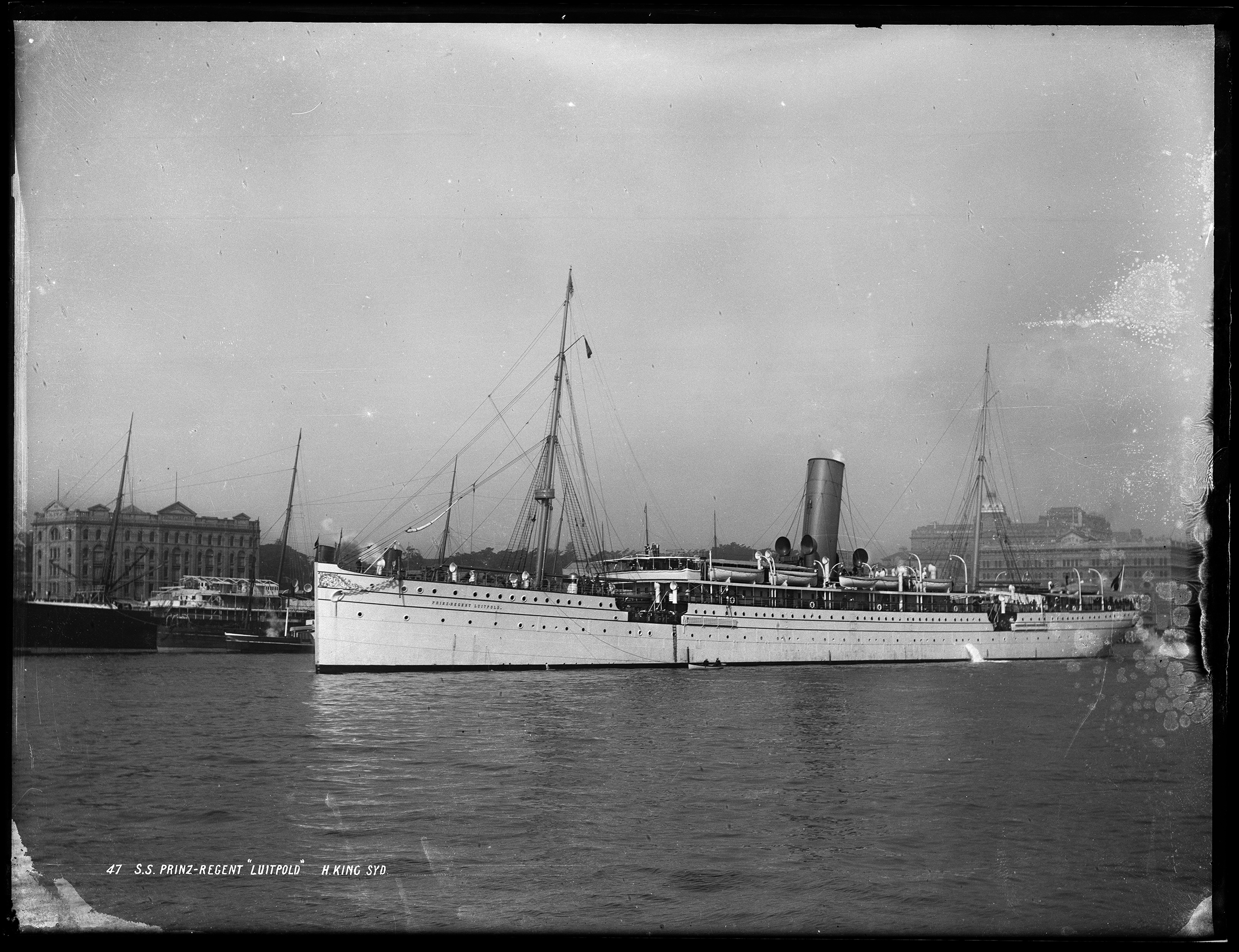 Glass plate negative of Norddeutscher Lloyd ocean liner 'Prinz-Regent Luitpold' departing Sydney Harbour, c.1900