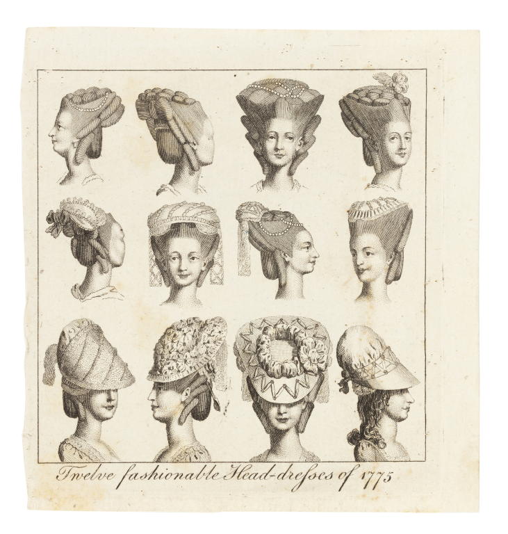 Fashion plate of 'Twelve Fashionable Head Dresses of 1775'