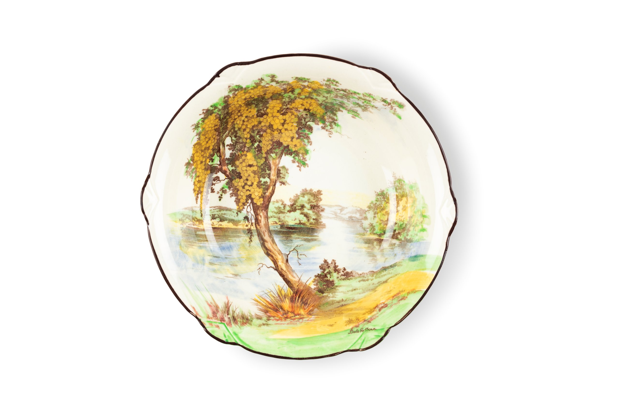 Porcelain dish with handpainted landscape scene