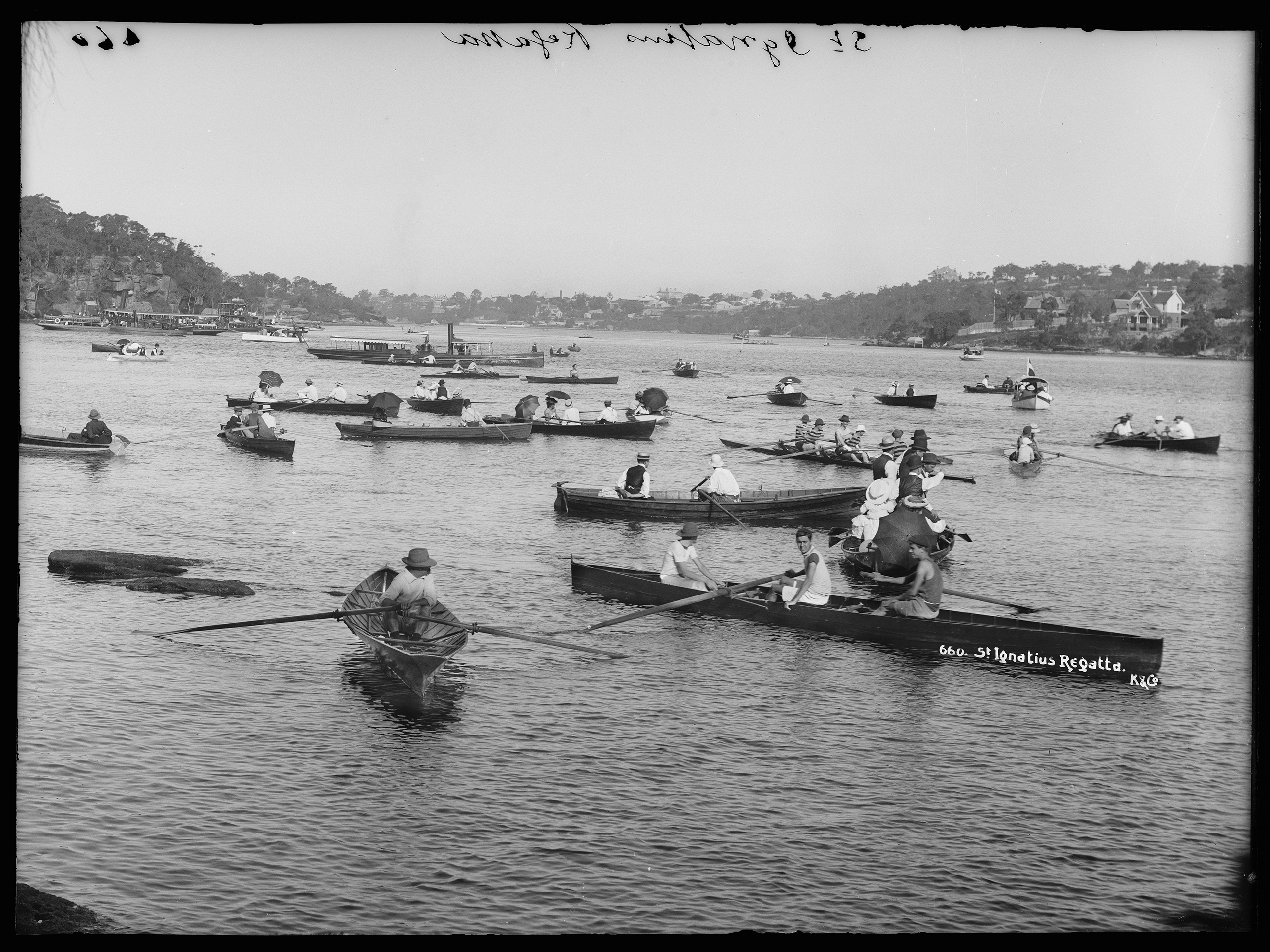 Glass plate negative of St Ignatius College regatta, Riverview, Sydney, c.1910