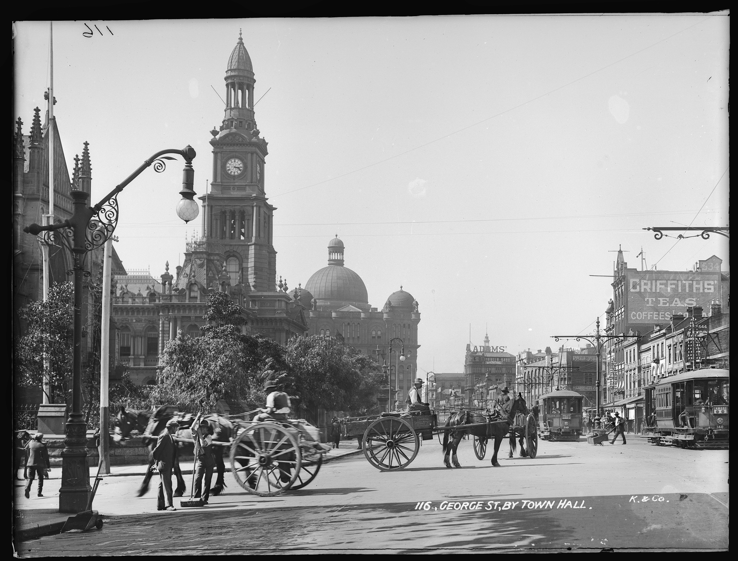 Glass plate negative of George Street, Sydney, showing Sydney Town Hall and early electric street lighting, c.1904-1917