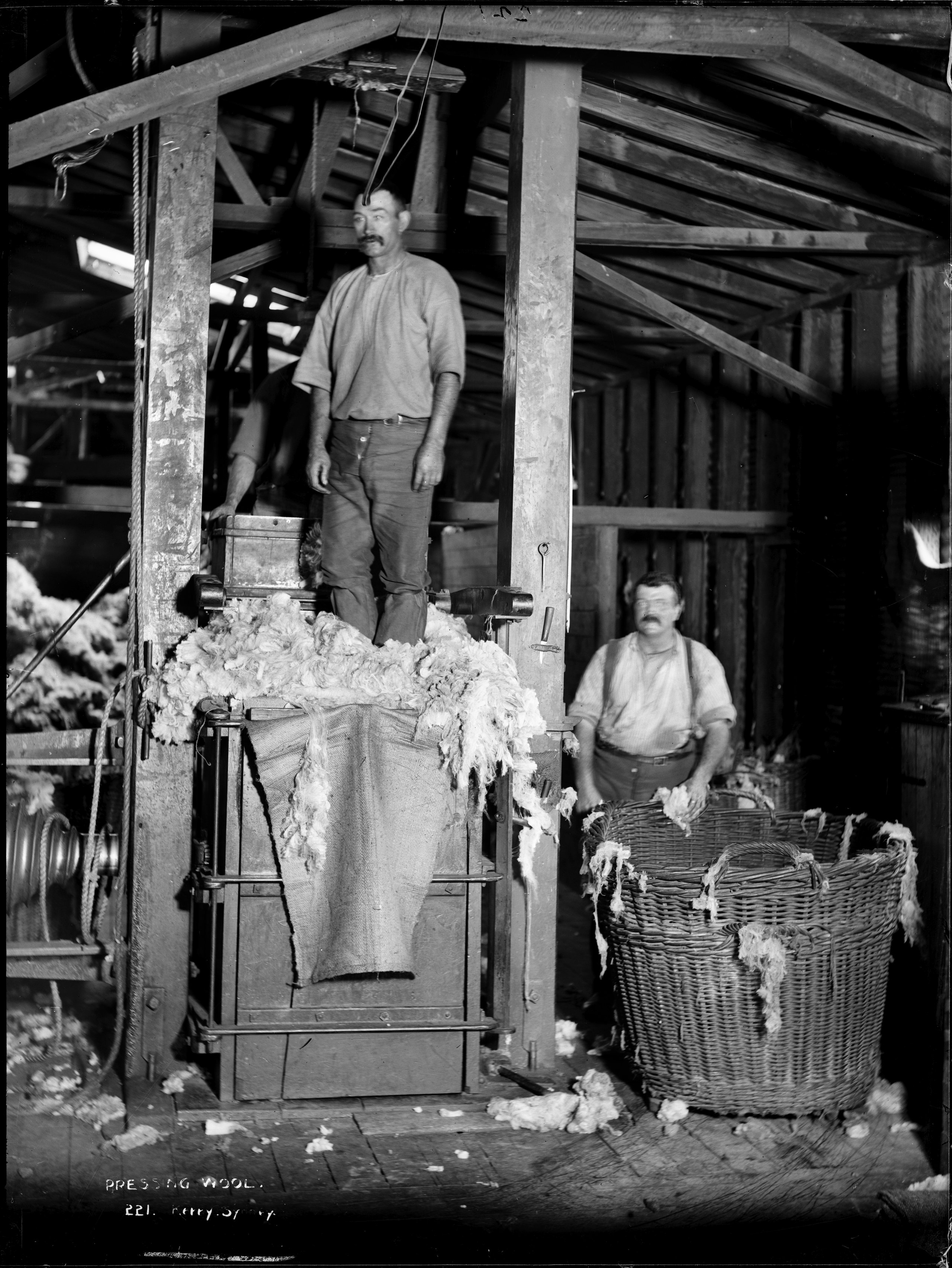 Farming hands using a wool press