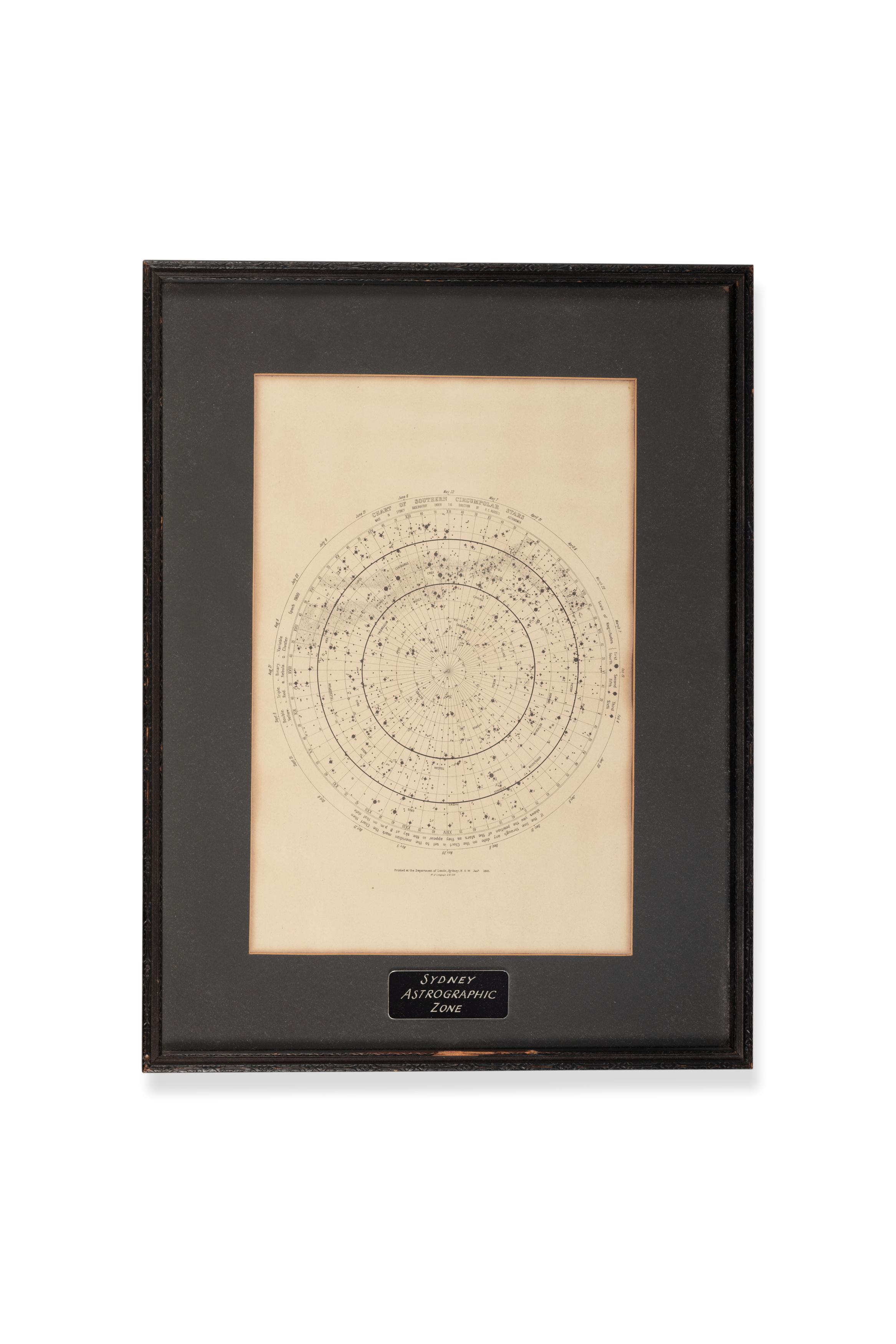 Framed lithograph chart of southern circumpolar stars