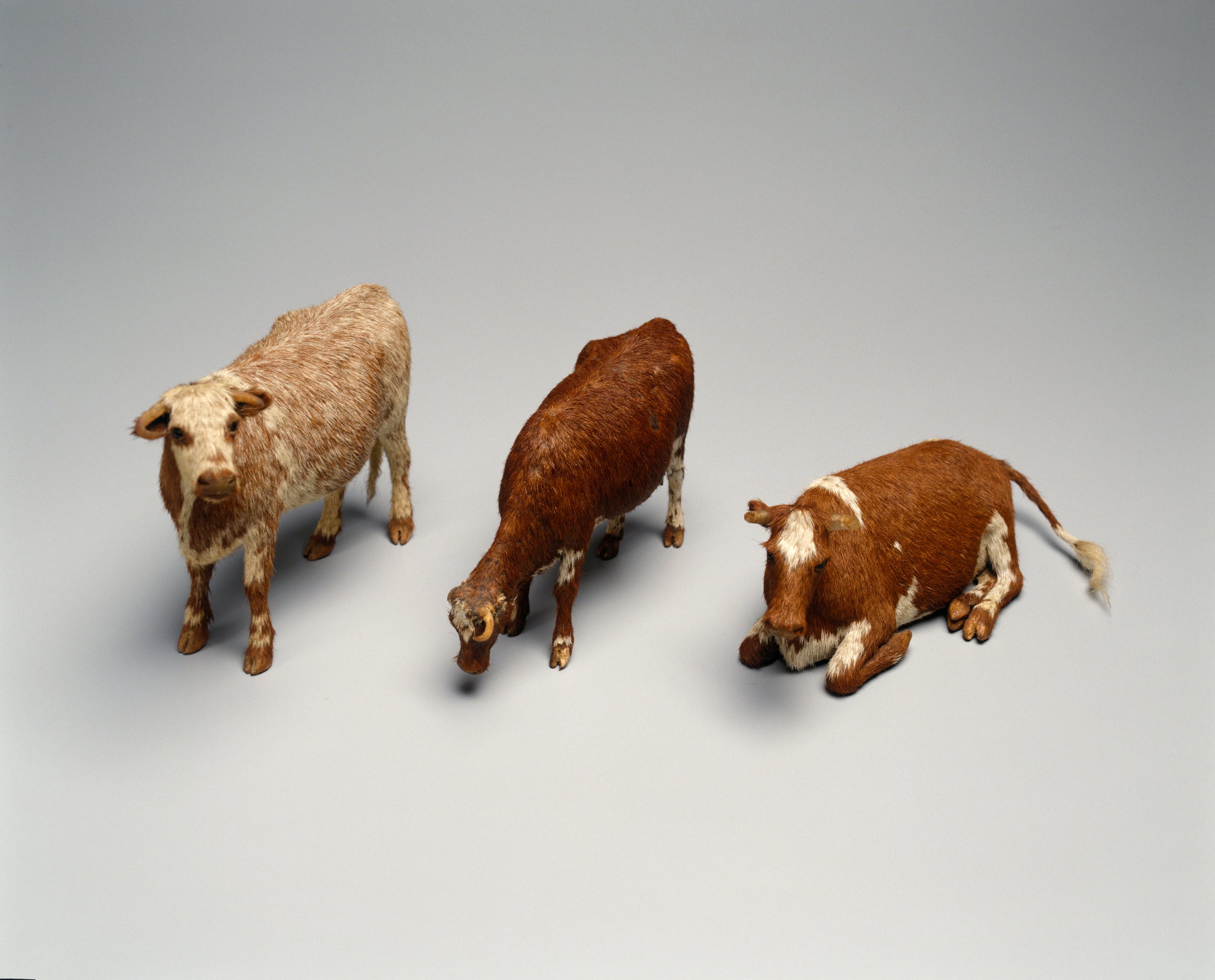 Miniature papier-mache cows by Wilhelmina Jurd