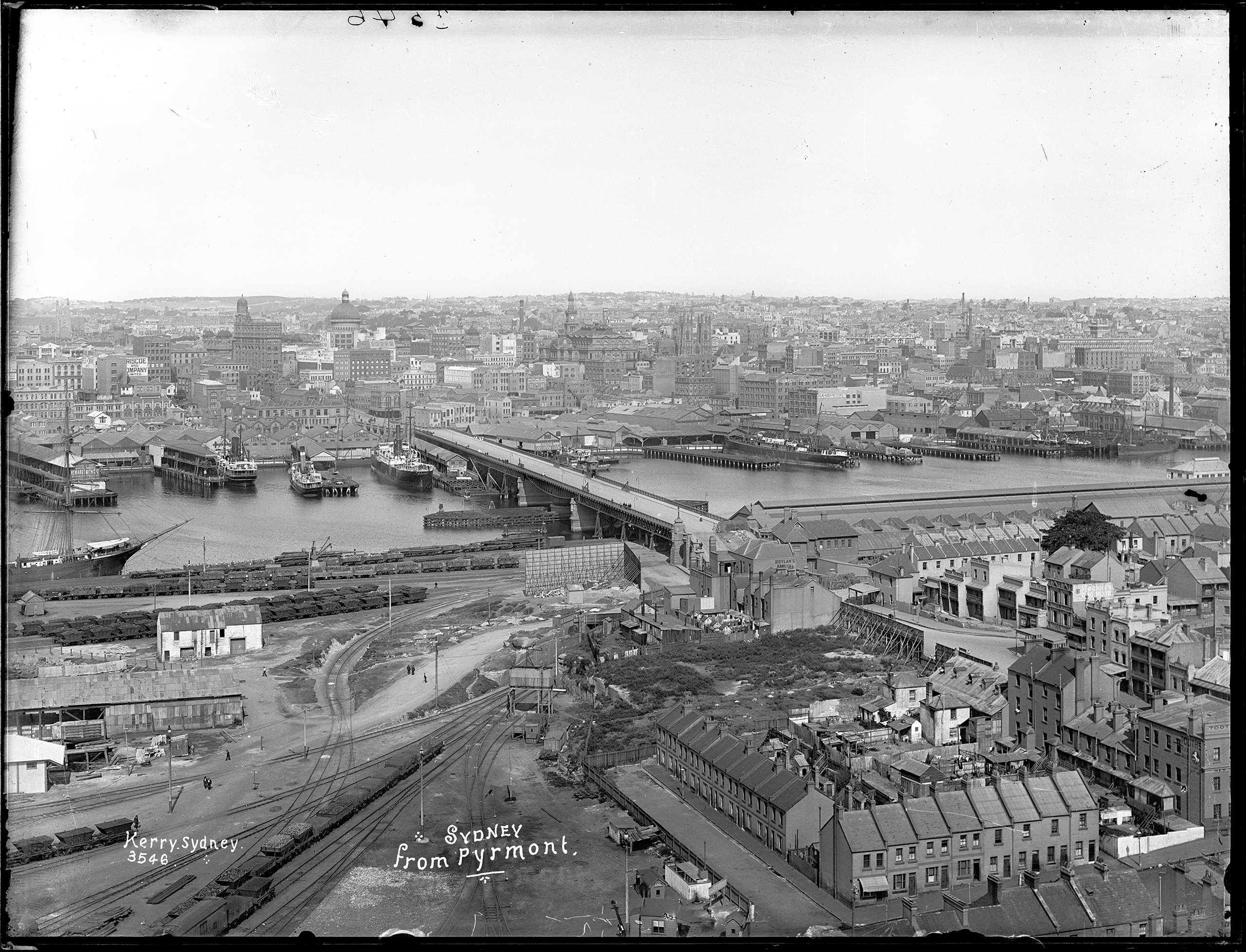 Glass plate negative of Sydney from Pyrmont showing the Darling Harbour goods yard and Pyrmont Bridge, 1902-1910