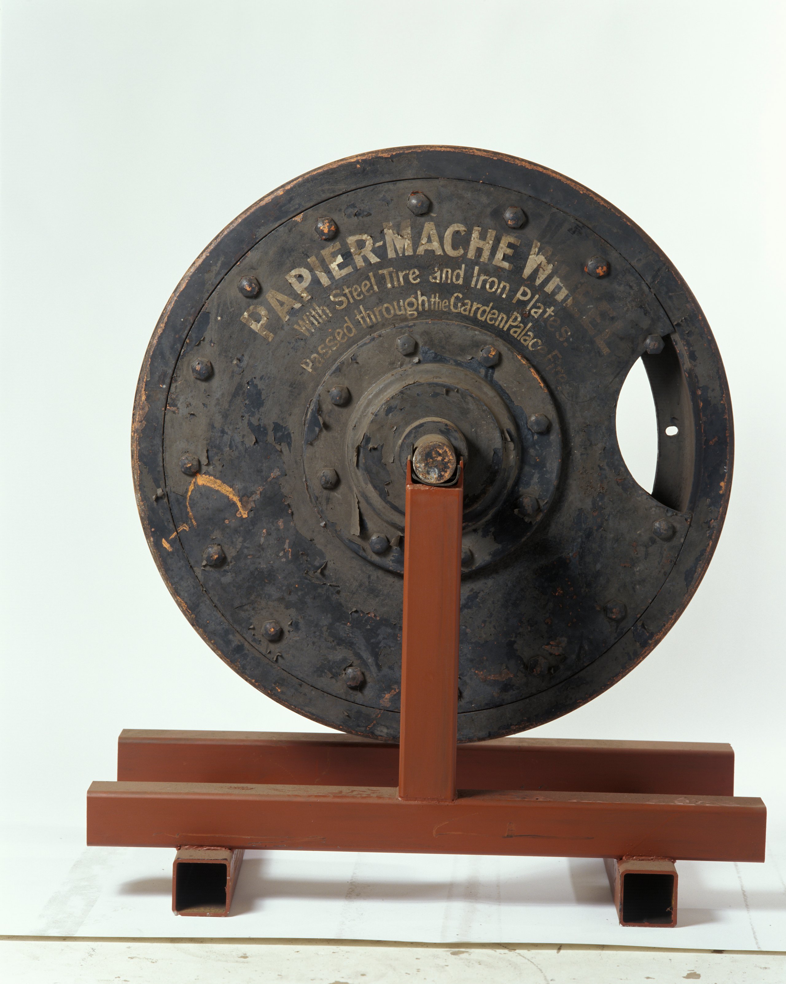 Sectioned display sample of Allen's patent paper-centred railway carriage wheel, 1875-8