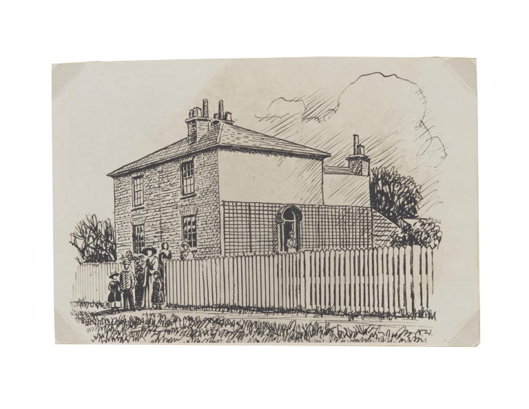 Photograph of sketch of Hargrave family outside their home at Keston, Kent