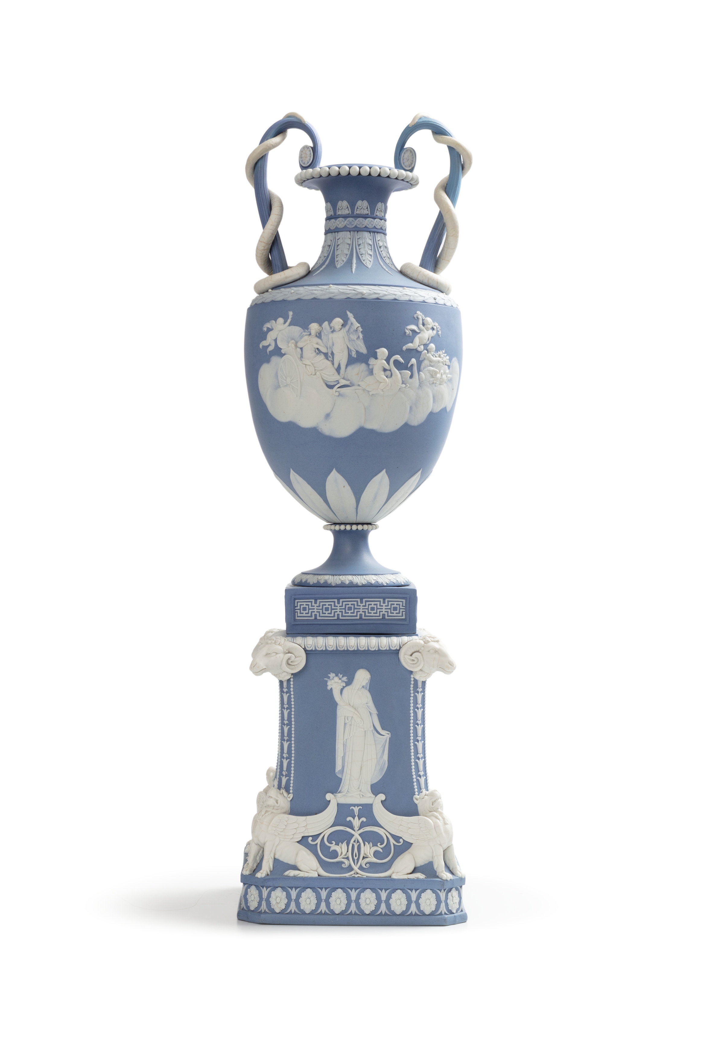 'Venus in her Chariot / Cupid Watering Swans' jasperware vase and pedestal by Wedgwood