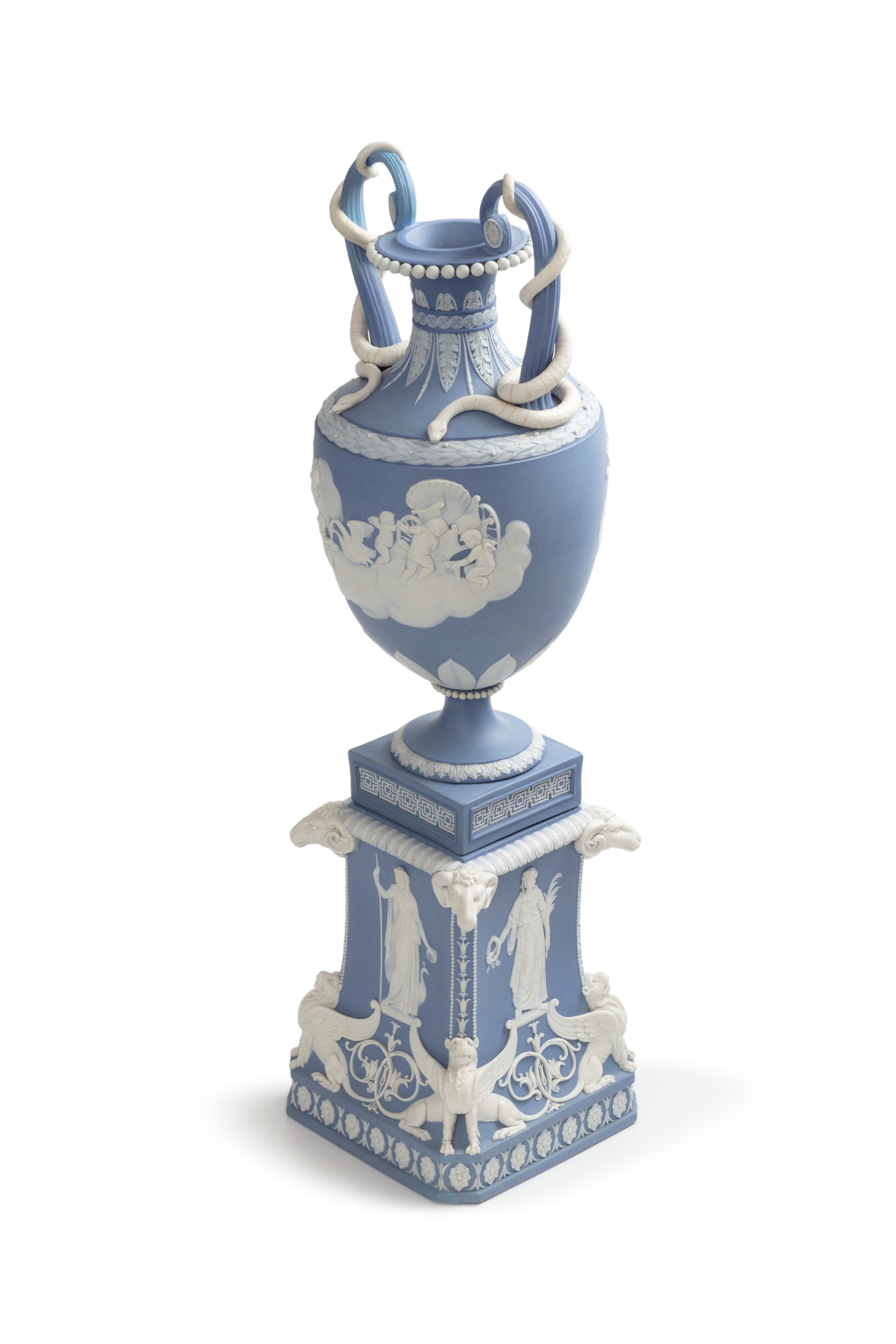 'Venus in her Chariot / Cupid Watering Swans' jasperware vase and pedestal by Wedgwood