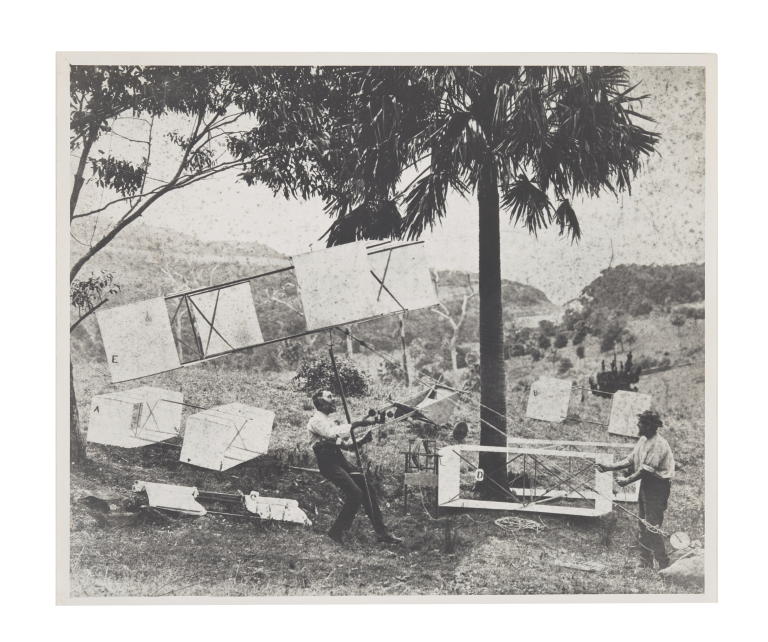 Photograph of Lawrence Hargrave and James Swain on day of the kite lift experiment